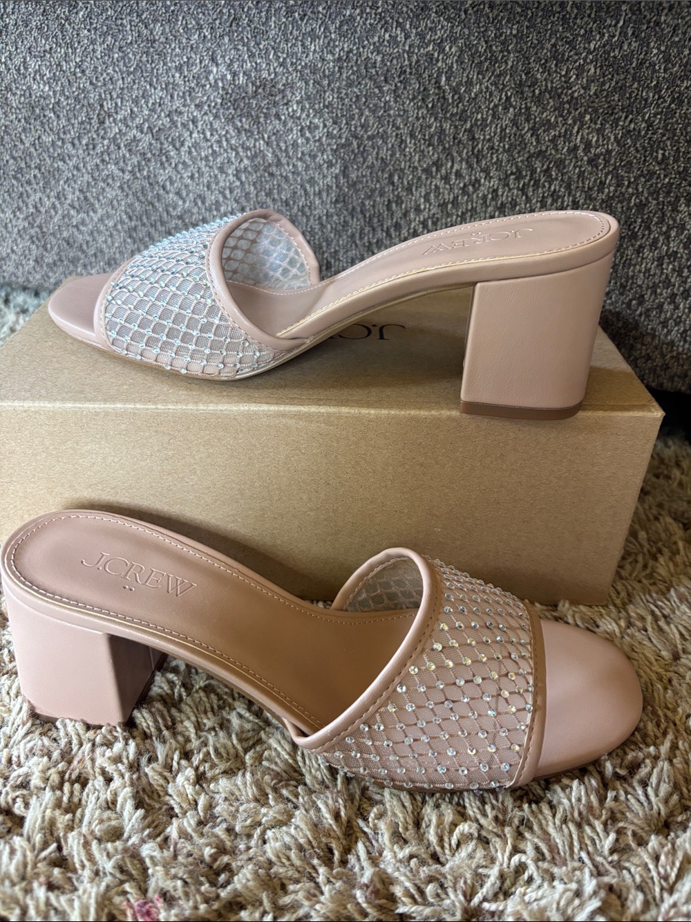 J. Crew Rhinestone Mesh Mule Heels in Nude Size 7